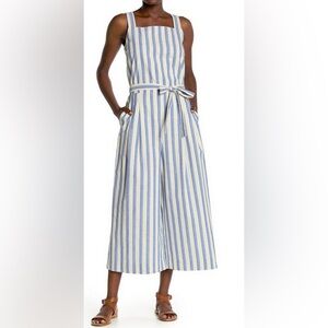 Lafayette 148 New York Blue and White Striped Linen Jumpsuit with Tie Waist